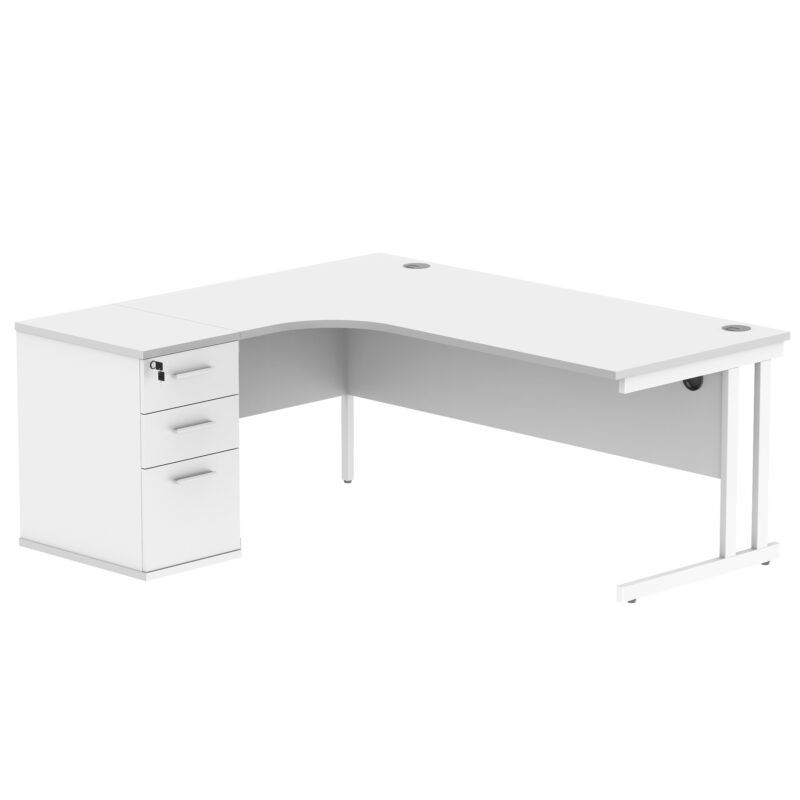 Double Upright Left Hand Radial Desk + Desk High Pedestal | 600mm Deep Pedestal | 1800X1200 | Arctic White/White