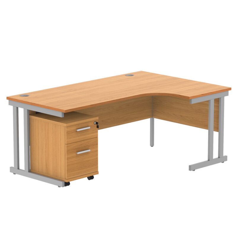 Double Upright Right Hand Radial Desk + 2 Drawer Mobile Under Desk Pedestal | 1800X1200 | Norwegian Beech/Silver