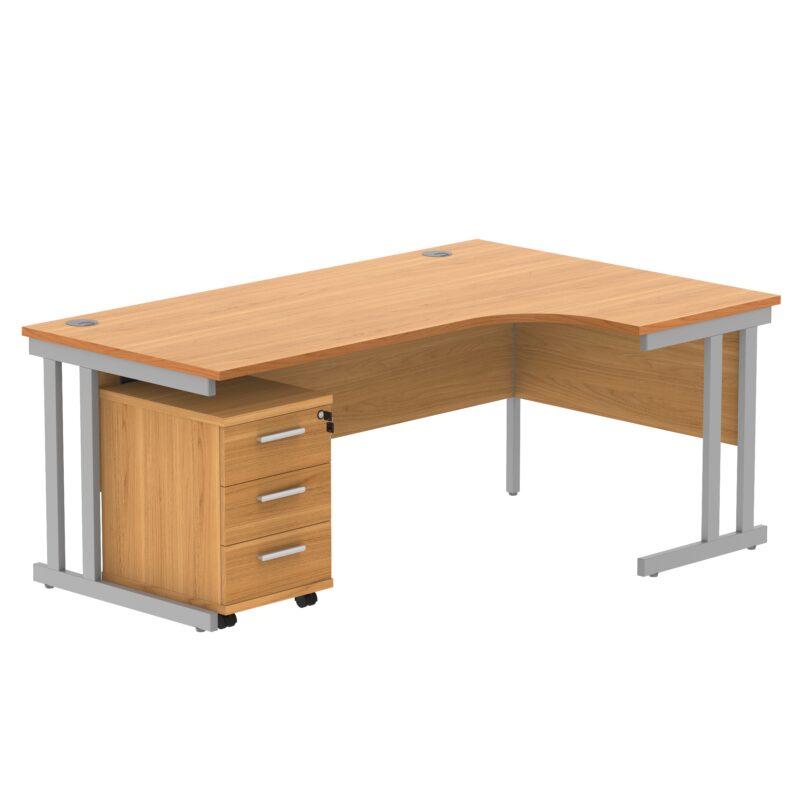 Double Upright Right Hand Radial Desk + 3 Drawer Mobile Under Desk Pedestal | 1800X1200 | Norwegian Beech/Silver