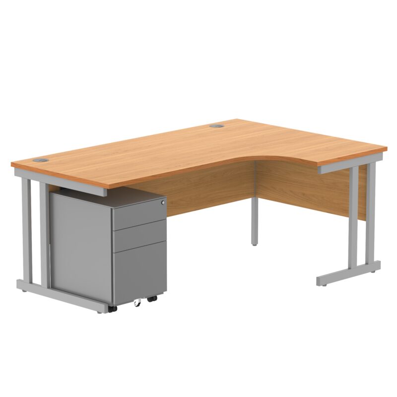 Double Upright Right Hand Radial Desk + Under Desk Steel Pedestal 3 Drawers | 1800X1200 | Norwegian Beech/Silver