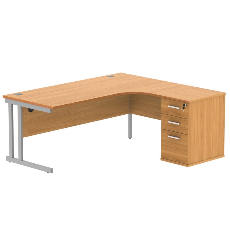 Double Upright Right Hand Radial Desk + Desk High Pedestal | 600mm Deep Pedestal | 1800X1200 | Norwegian Beech/Silver