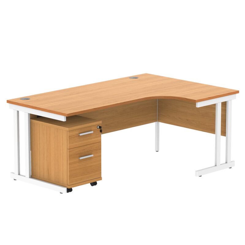 Double Upright Right Hand Radial Desk + 2 Drawer Mobile Under Desk Pedestal | 1800X1200 | Norwegian Beech/White