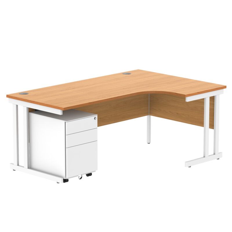 Double Upright Right Hand Radial Desk + Under Desk Steel Pedestal 3 Drawers | 1800X1200 | Norwegian Beech/White