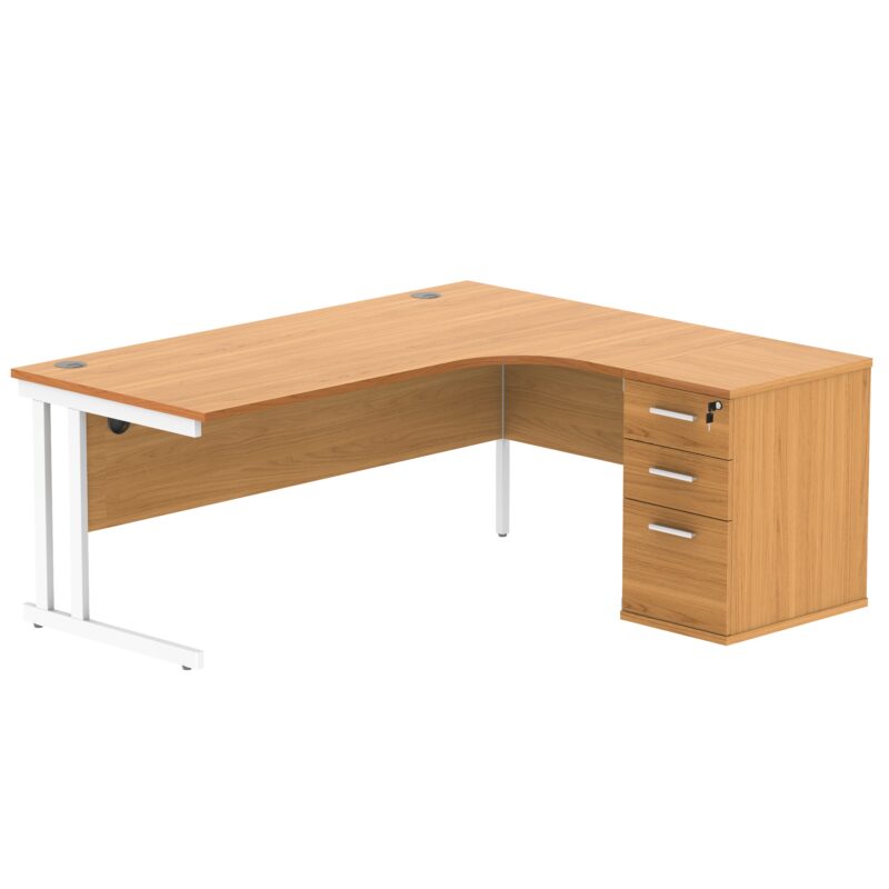 Double Upright Right Hand Radial Desk + Desk High Pedestal | 600mm Deep Pedestal | 1800X1200 | Norwegian Beech/White