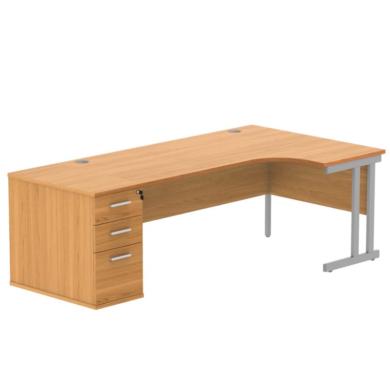 Double Upright Right Hand Radial Desk + Desk High Pedestal | 800mm Deep Pedestal | 1800X1200 | Norwegian Beech/Silver