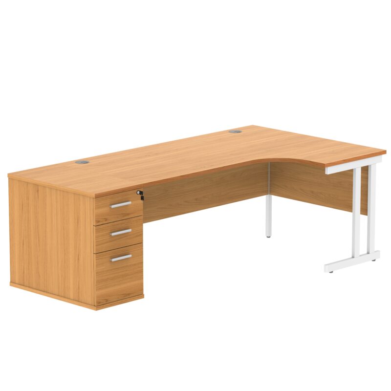 Double Upright Right Hand Radial Desk + Desk High Pedestal | 800mm Deep Pedestal | 1800X1200 | Norwegian Beech/White