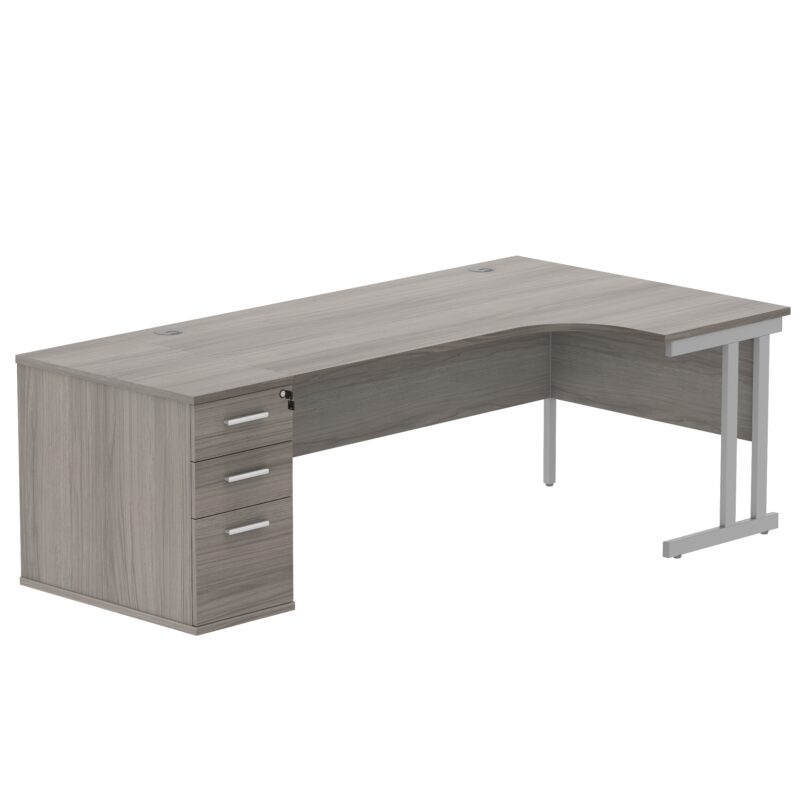 Double Upright Right Hand Radial Desk + Desk High Pedestal | 800mm Deep Pedestal | 1800X1200 | Alaskan Grey Oak/Silver