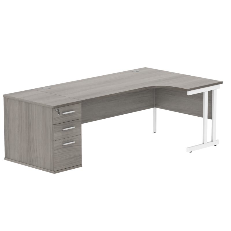 Double Upright Right Hand Radial Desk + Desk High Pedestal | 800mm Deep Pedestal | 1800X1200 | Alaskan Grey Oak/White