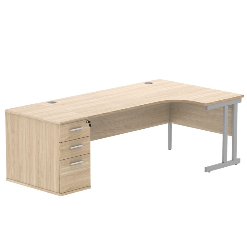 Double Upright Right Hand Radial Desk + Desk High Pedestal | 800mm Deep Pedestal | 1800X1200 | Canadian Oak/Silver