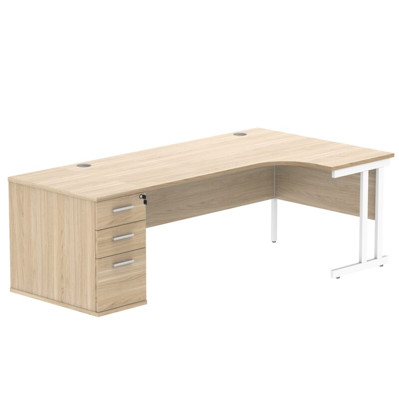 Double Upright Right Hand Radial Desk + Desk High Pedestal | 800mm Deep Pedestal | 1800X1200 | Canadian Oak/White