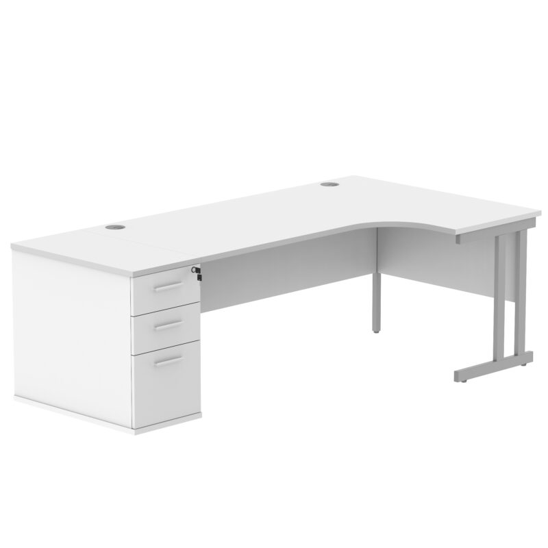 Double Upright Right Hand Radial Desk + Desk High Pedestal | 800mm Deep Pedestal | 1800X1200 | Arctic White/Silver