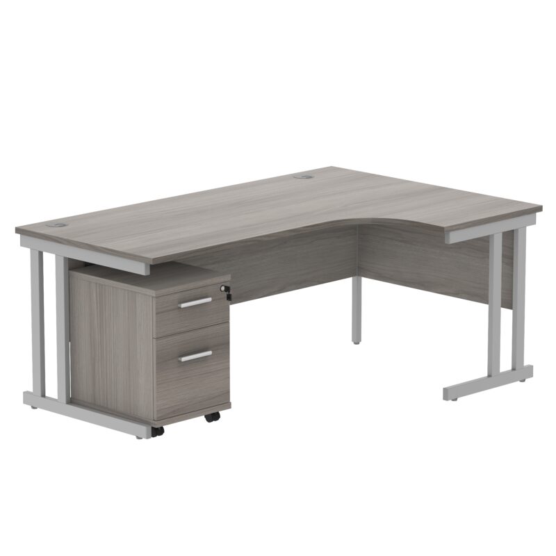 Double Upright Right Hand Radial Desk + 2 Drawer Mobile Under Desk Pedestal | 1800X1200 | Alaskan Grey Oak/Silver