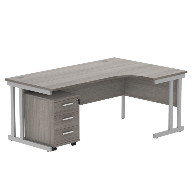 Double Upright Right Hand Radial Desk + 3 Drawer Mobile Under Desk Pedestal | 1800X1200 | Alaskan Grey Oak/Silver