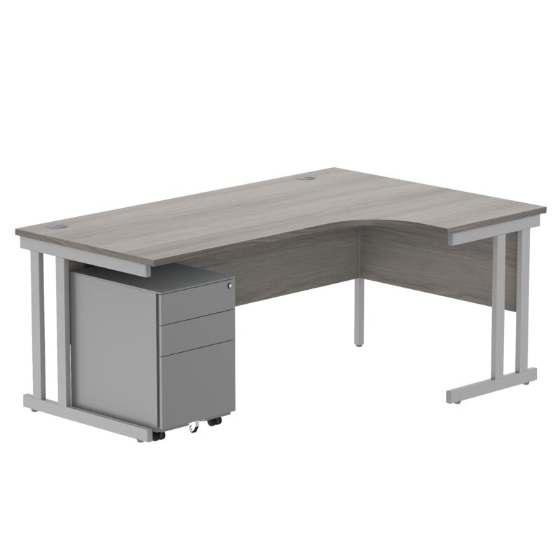 Double Upright Right Hand Radial Desk + Under Desk Steel Pedestal 3 Drawers | 1800X1200 | Alaskan Grey Oak/Silver