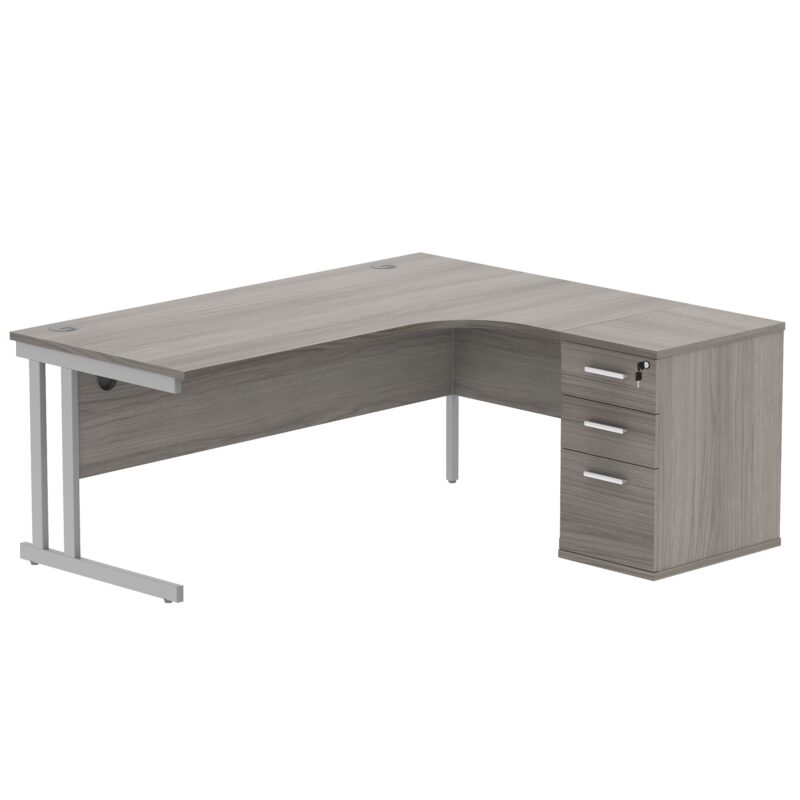 Double Upright Right Hand Radial Desk + Desk High Pedestal | 600mm Deep Pedestal | 1800X1200 | Alaskan Grey Oak/Silver