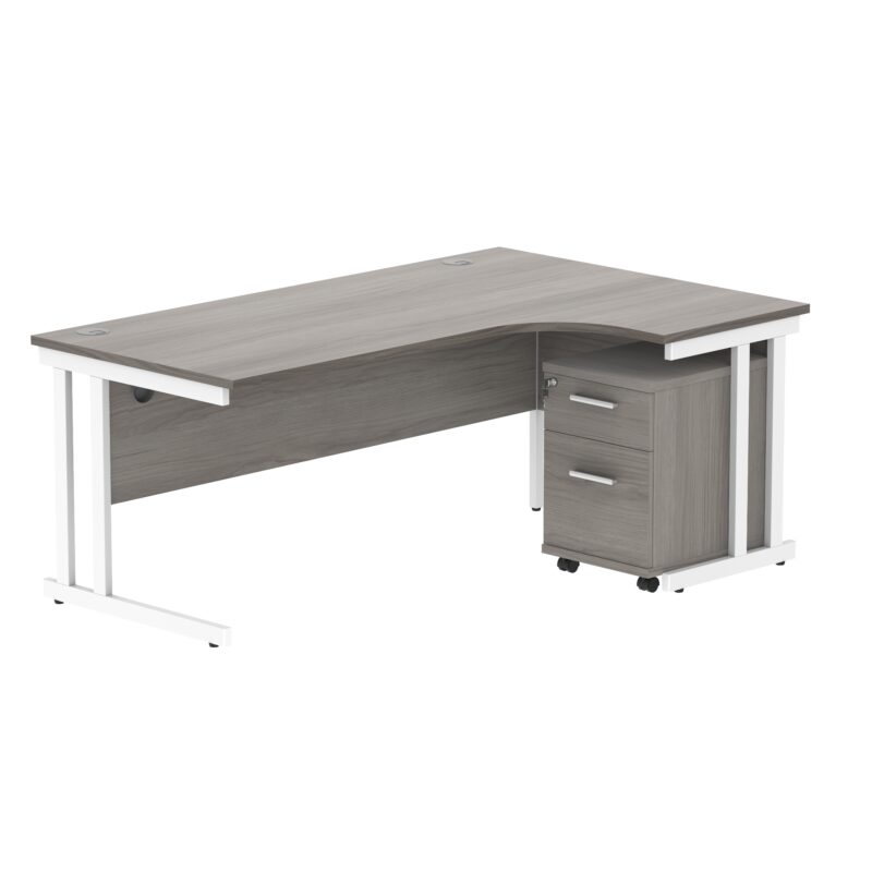 Double Upright Right Hand Radial Desk + 2 Drawer Mobile Under Desk Pedestal | 1800X1200 | Alaskan Grey Oak/White