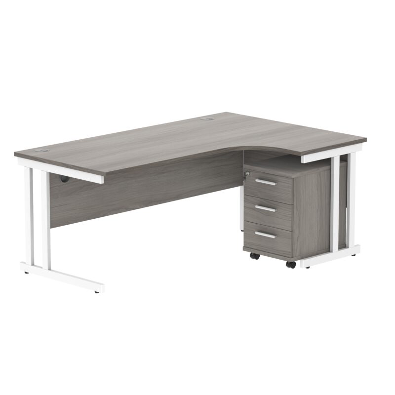 Double Upright Right Hand Radial Desk + 3 Drawer Mobile Under Desk Pedestal | 1800X1200 | Alaskan Grey Oak/White