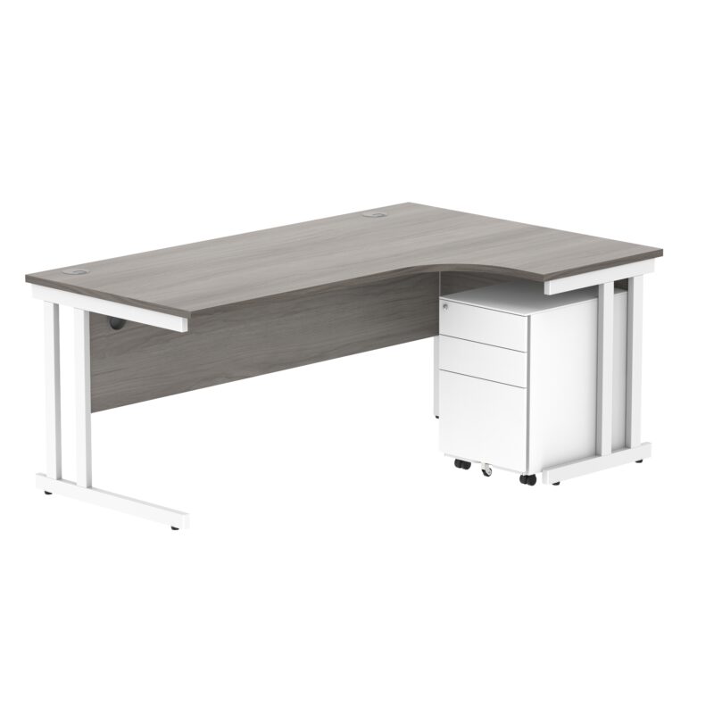 Double Upright Right Hand Radial Desk + Under Desk Steel Pedestal 3 Drawers | 1800X1200 | Alaskan Grey Oak/White