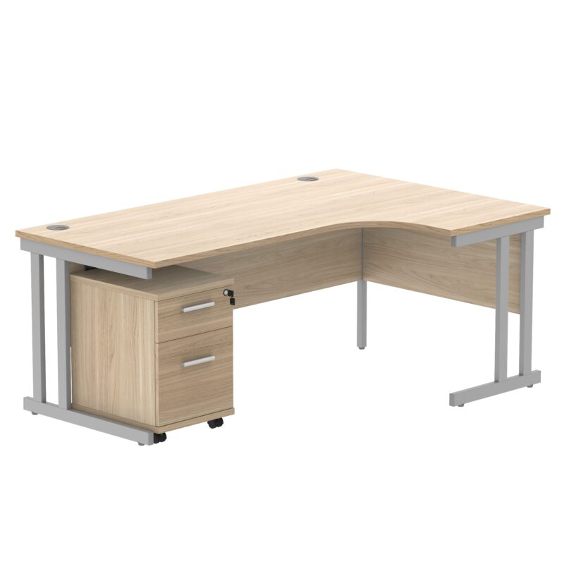 Double Upright Right Hand Radial Desk + 2 Drawer Mobile Under Desk Pedestal | 1800X1200 | Canadian Oak/Silver