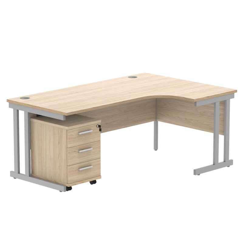 Double Upright Right Hand Radial Desk + 3 Drawer Mobile Under Desk Pedestal | 1800X1200 | Canadian Oak/Silver