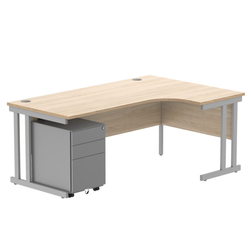 Double Upright Right Hand Radial Desk + Under Desk Steel Pedestal 3 Drawers | 1800X1200 | Canadian Oak/Silver