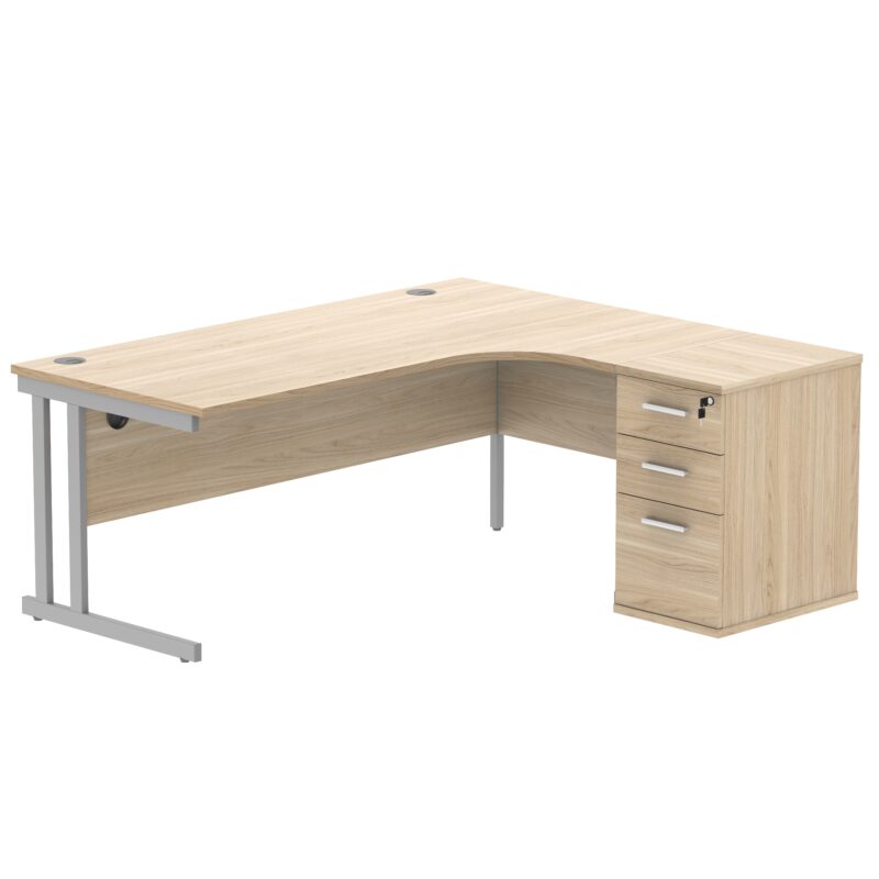 Double Upright Right Hand Radial Desk + Desk High Pedestal | 600mm Deep Pedestal | 1800X1200 | Canadian Oak/Silver