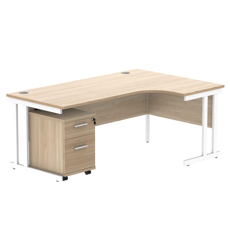 Double Upright Right Hand Radial Desk + 2 Drawer Mobile Under Desk Pedestal | 1800X1200 | Canadian Oak/White