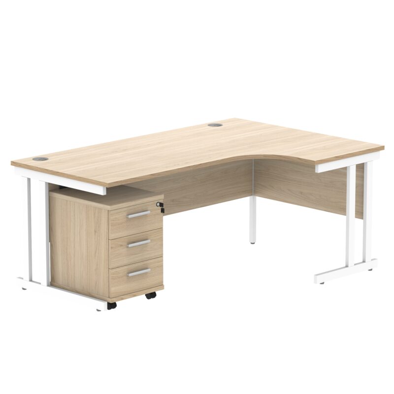 Double Upright Right Hand Radial Desk + 3 Drawer Mobile Under Desk Pedestal | 1800X1200 | Canadian Oak/White