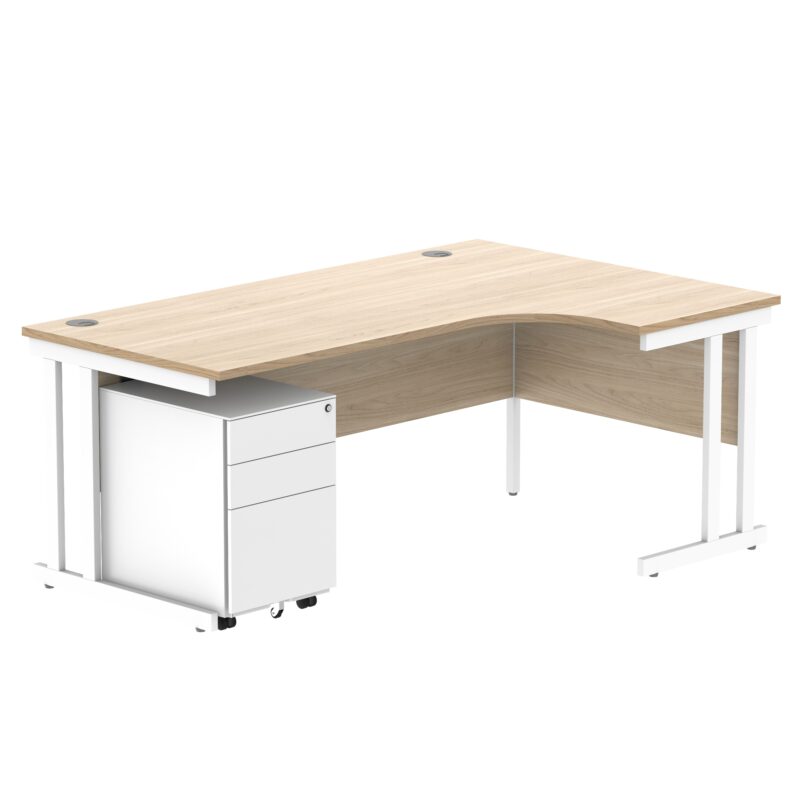 Double Upright Right Hand Radial Desk + Under Desk Steel Pedestal 3 Drawers | 1800X1200 | Canadian Oak/White