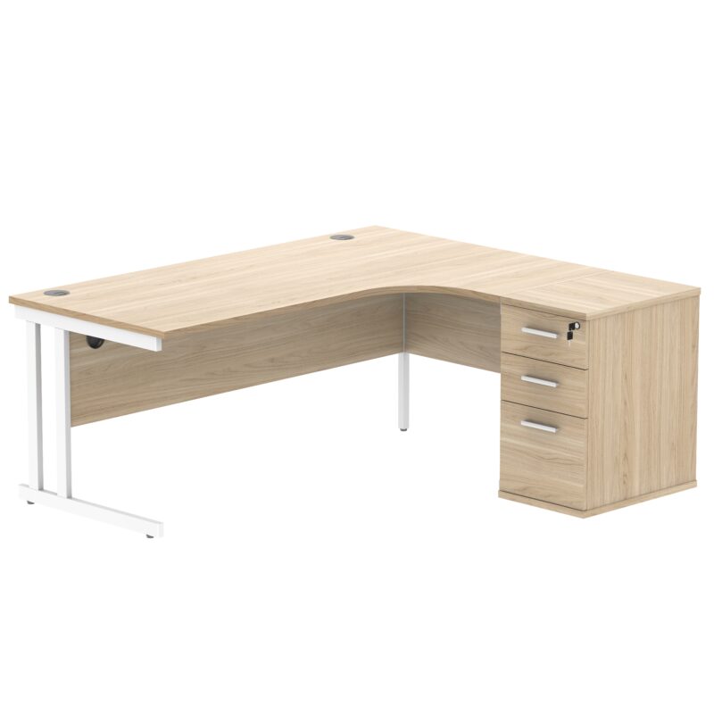 Double Upright Right Hand Radial Desk + Desk High Pedestal | 600mm Deep Pedestal | 1800X1200 | Canadian Oak/White