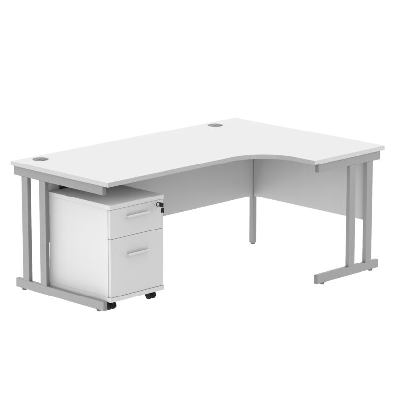 Double Upright Right Hand Radial Desk + 2 Drawer Mobile Under Desk Pedestal | 1800X1200 | Arctic White/Silver