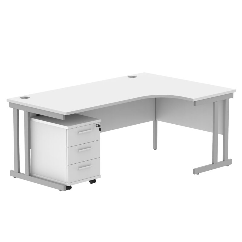 Double Upright Right Hand Radial Desk + 3 Drawer Mobile Under Desk Pedestal | 1800X1200 | Arctic White/Silver