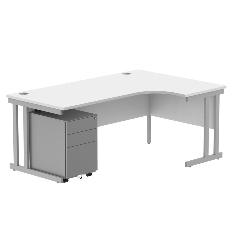 Double Upright Right Hand Radial Desk + Under Desk Steel Pedestal 3 Drawers | 1800X1200 | Arctic White/Silver