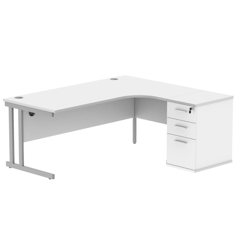 Double Upright Right Hand Radial Desk + Desk High Pedestal | 600mm Deep Pedestal | 1800X1200 | Arctic White/Silver