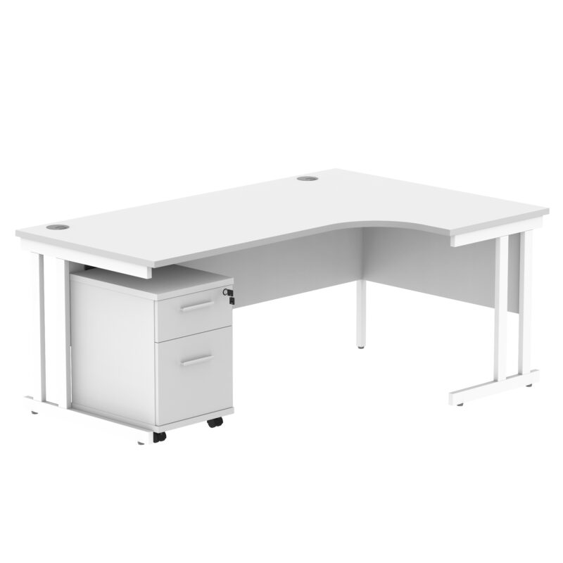 Double Upright Right Hand Radial Desk + 2 Drawer Mobile Under Desk Pedestal | 1800X1200 | Arctic White/White