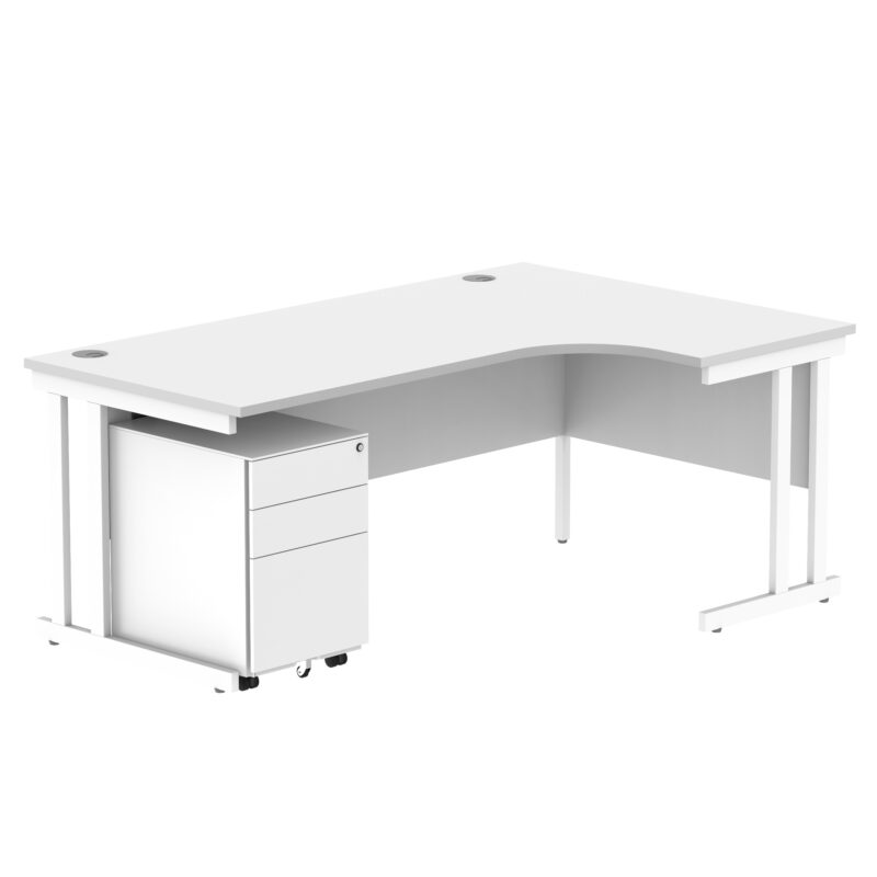 Double Upright Right Hand Radial Desk + Under Desk Steel Pedestal 3 Drawers | 1800X1200 | Arctic White/White