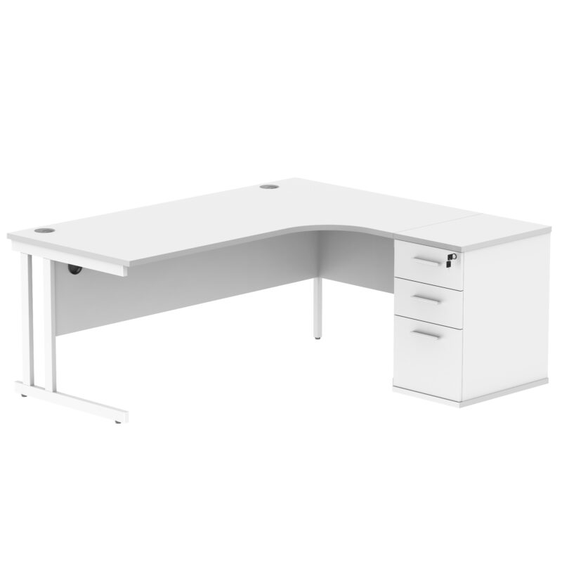 Double Upright Right Hand Radial Desk + Desk High Pedestal | 600mm Deep Pedestal | 1800X1200 | Arctic White/White