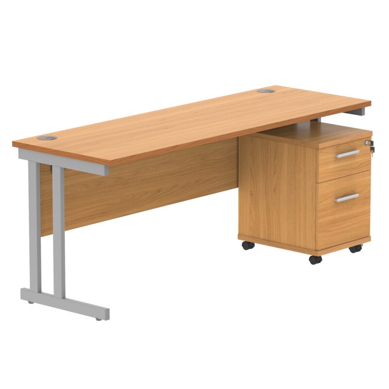 Double Upright Rectangular Desk + 2 Drawer Mobile Under Desk Pedestal | 1800X600 | Norwegian Beech/Silver