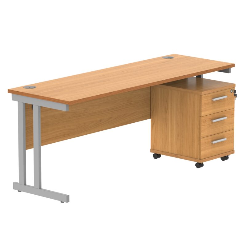 Double Upright Rectangular Desk + 3 Drawer Mobile Under Desk Pedestal | 1800X600 | Norwegian Beech/Silver