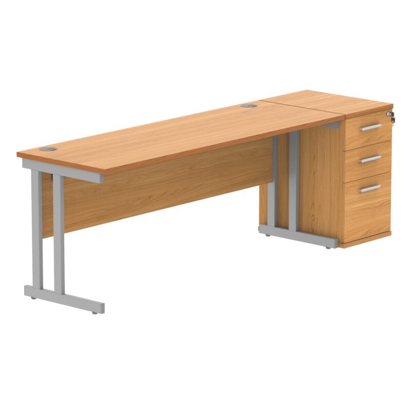 Double Upright Rectangular Desk + Desk High Pedestal | 1800X600 | Norwegian Beech/Silver