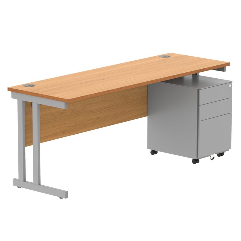 Double Upright Rectangular Desk + Under Desk Steel Pedestal 3 Drawers | 1800X600 | Norwegian Beech/Silver