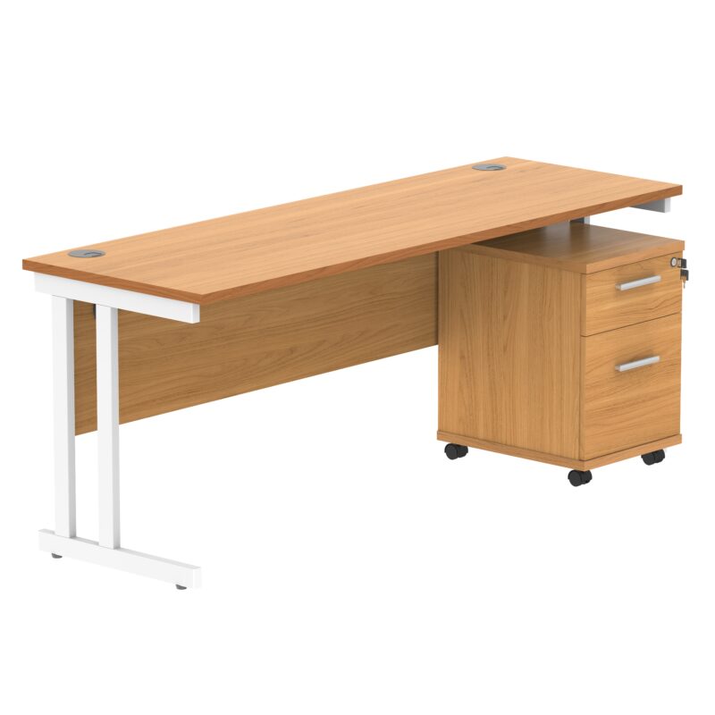 Double Upright Rectangular Desk + 2 Drawer Mobile Under Desk Pedestal | 1800X600 | Norwegian Beech/White