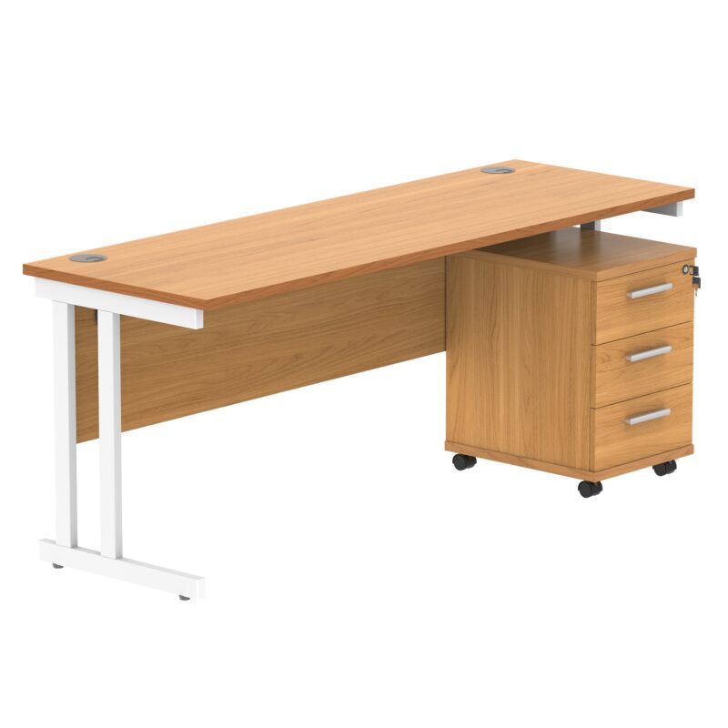 Double Upright Rectangular Desk + 3 Drawer Mobile Under Desk Pedestal | 1800X600 | Norwegian Beech/White