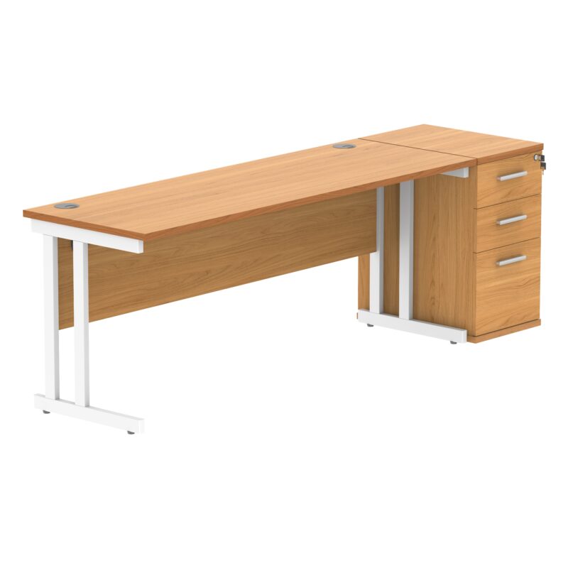 Double Upright Rectangular Desk + Desk High Pedestal | 1800X600 | Norwegian Beech/White