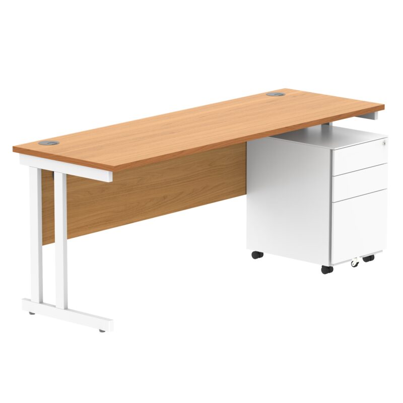 Double Upright Rectangular Desk + Under Desk Steel Pedestal 3 Drawers | 1800X600 | Norwegian Beech/White