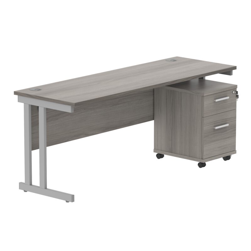 Double Upright Rectangular Desk + 2 Drawer Mobile Under Desk Pedestal | 1800X600 | Alaskan Grey Oak/Silver