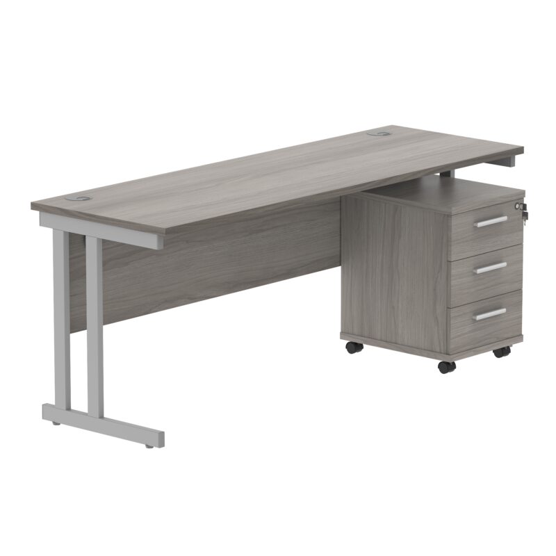 Double Upright Rectangular Desk + 3 Drawer Mobile Under Desk Pedestal | 1800X600 | Alaskan Grey Oak/Silver