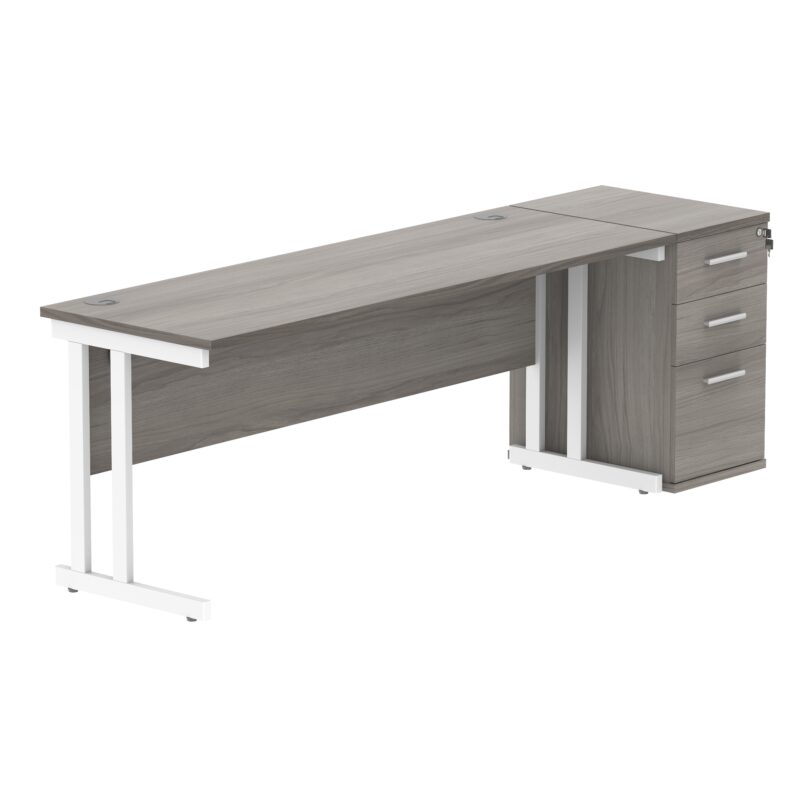 Double Upright Rectangular Desk + Desk High Pedestal | 1800X600 | Alaskan Grey Oak/Silver