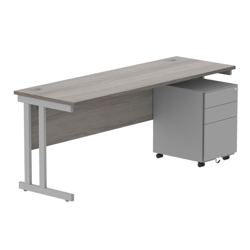 Double Upright Rectangular Desk + Under Desk Steel Pedestal 3 Drawers | 1800X600 | Alaskan Grey Oak/Silver