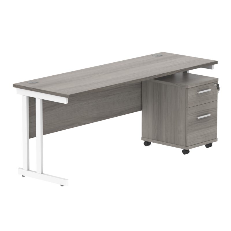 Double Upright Rectangular Desk + 2 Drawer Mobile Under Desk Pedestal | 1800X600 | Alaskan Grey Oak/White